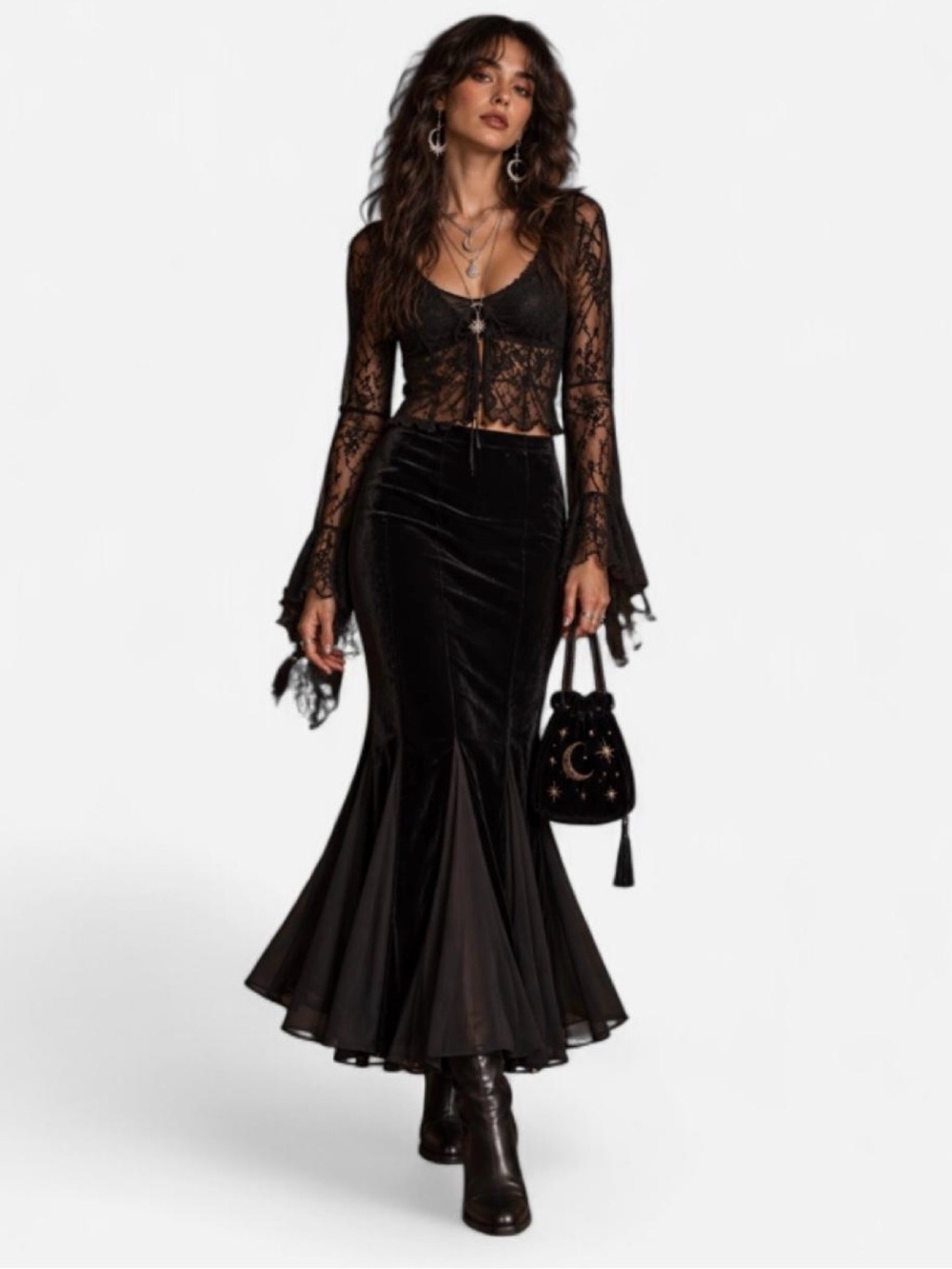 Witchy Black Velvet Chiffon Mermaid Maxi Skirt L/XL Floor Length Whimsigoth VTG